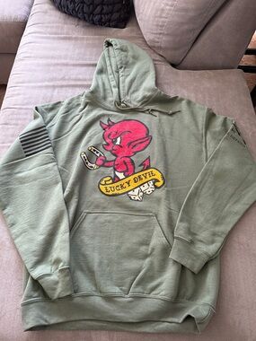 Grunt Style Olive Green Hoodie with Red Devil Graphic - NEW!